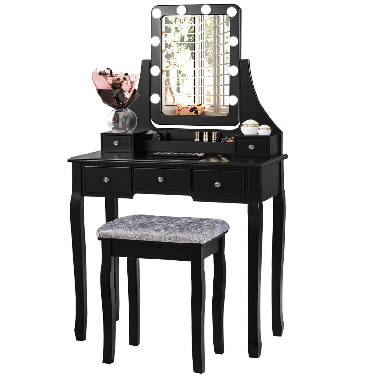 CHARMAID LED Vanity Makeup Desk Set with 10 Dimmable Light Bulbs, 5 Drawers & 3 Storage Organizers - Black Dressing Table with Lighted Mirror & Stool for Bedroom, Bathroom or Dorm Room - Perfect Gift for Women & Teens