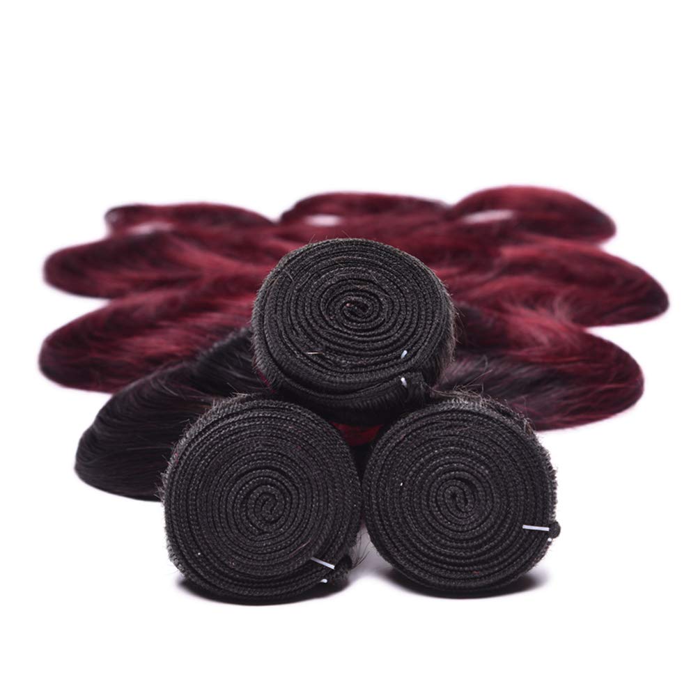 Brazilian Ombre Burgundy Human Hair Bundles 8A Body Wave Weaves - 1B/99J Ombre Red Hair Extensions (18, 20, 22 Inch) for Stunning Length & Volume | Perfect for Parties, Weddings & Everyday Glam