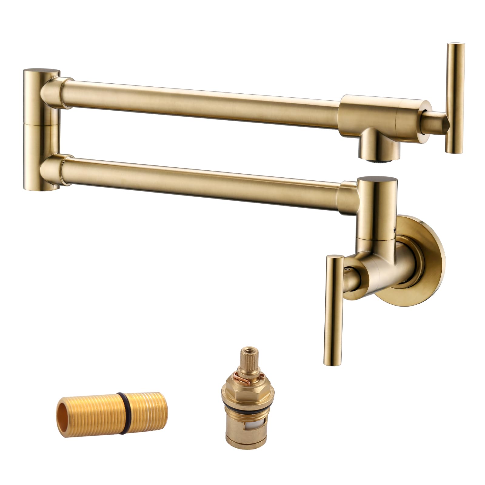 Premium Brushed Gold Wall-Mounted Commercial Pot Filler Faucet - Brass & Copper Construction with Stretchable Double Joint Swing Arms for Kitchen, Coffee Machine & Bar Use - Style A - Ideal for Professional Chefs & Home Cooking Enthusiasts