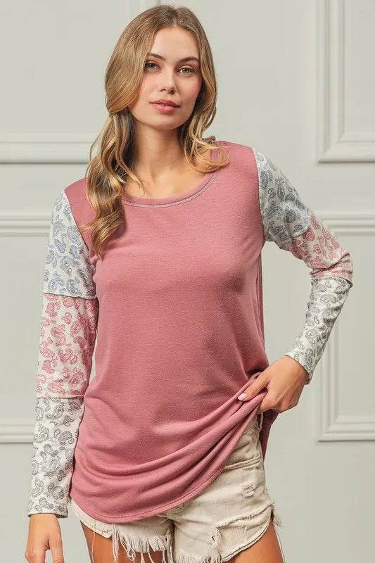 BiBi French Terry Paisley Triblend Color Block Sweatshirt - Soft & Stylish Women's Pullover for Casual Wear & Lounge Outfits