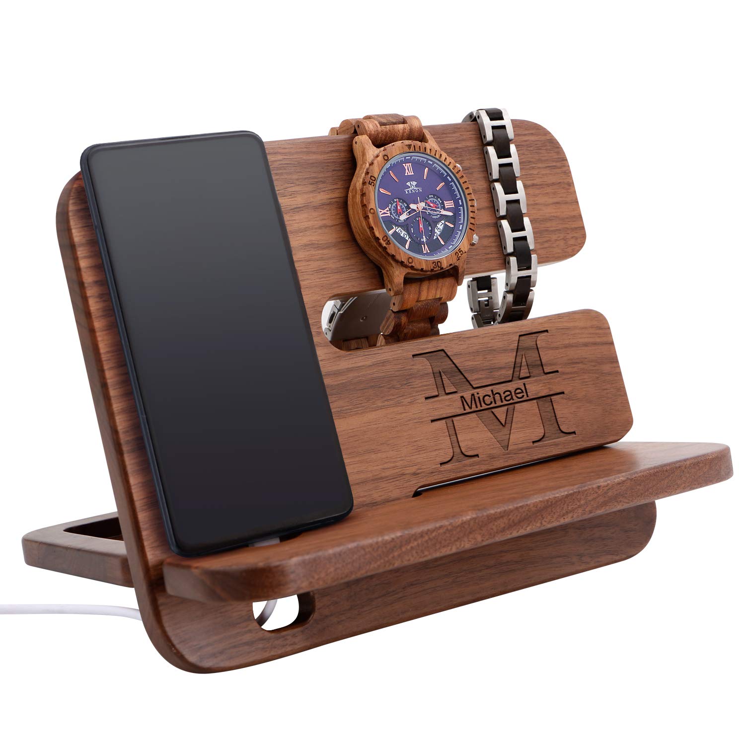 Custom Walnut Wood Phone Stand & Key Holder - Personalized Men's Travel Organizer for Wallet, Watch & Gadgets - Unique Anniversary, Birthday & Graduation Gift Idea for Him - Perfect for Office, Home & Travel Use