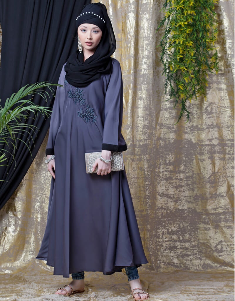 Hand Embroidered Arabic Nida Abaya Umbrella - Navy Blue Islamic Prayer Dress for Women - Perfect for Mosque, Eid, and Special Occasions