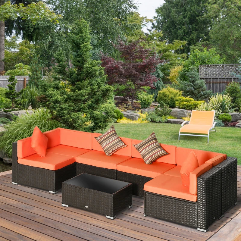 Outsunny 7-Piece Wicker Patio Furniture Set with Coffee Table, Outdoor Rattan Sectional Sofa & Cushions - Orange Garden Lounge Set for Deck, Backyard, Poolside Relaxation