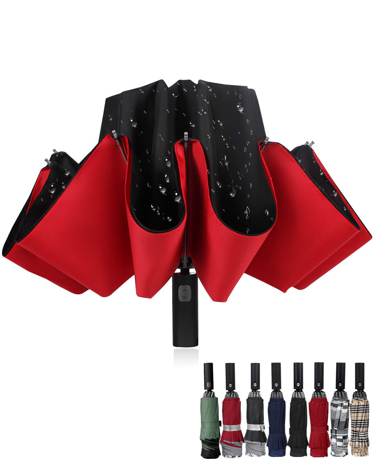 Windproof Travel Umbrella - Compact Double Layer Inverted Folding Umbrella with Automatic Open/Close - 10 Ribs Reverse Design for Men & Women (Red) - Perfect for Commuting, Business Travel & Outdoor Activities