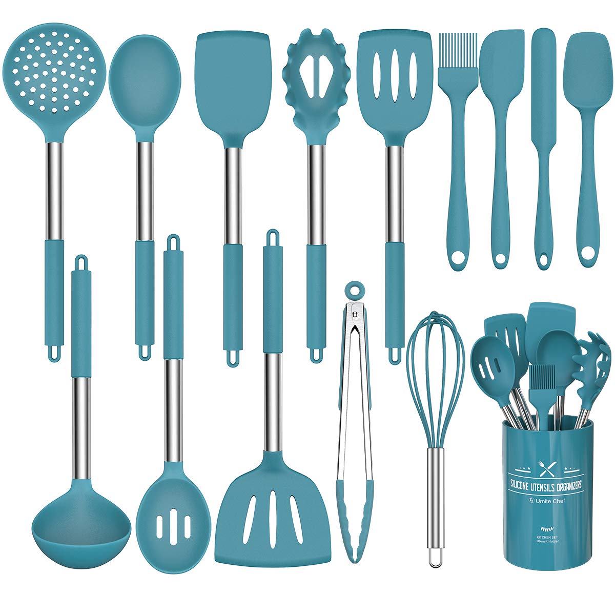 15-Piece Silicone Cooking Utensil Set with 446°F Heat-Resistant Stainless Steel Handles - Non-Scratch Kitchen Tools for Nonstick Cookware (Blue) - Perfect for Baking, Frying & Everyday Cooking
