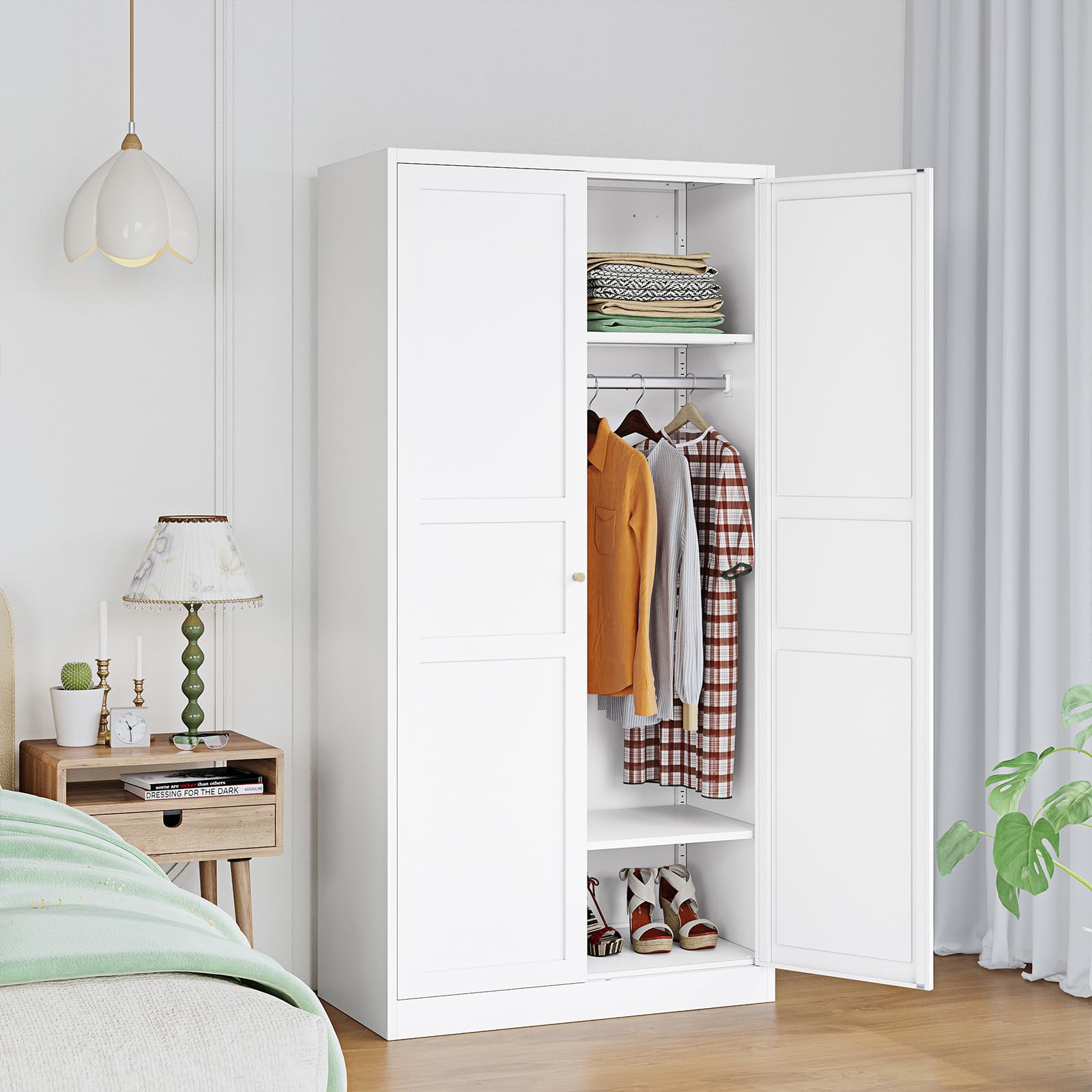White Metal Wardrobe Closet Cabinet with Doors & Shelves - Space Saving Storage Armoire for Bedroom, Laundry Room, Home Office & Bathroom Organization | Perfect for Small Spaces & Apartment Living