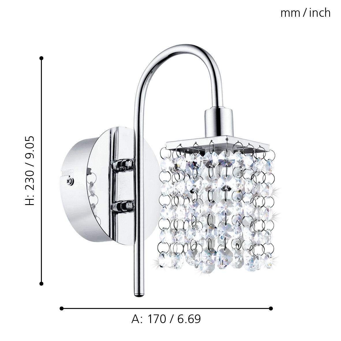 Eglo Almonte IP44 Chrome & Glass Crystal Wall Light – Waterproof Bathroom Sconce for Bedroom, Hallway & Outdoor Lighting