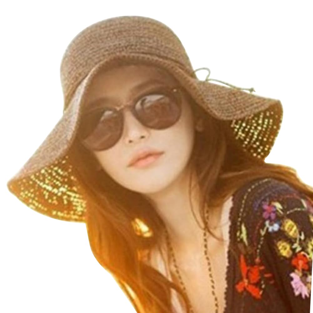 JIHUOO Women's Floppy Summer Sun Hat - Wide Brim Packable & Foldable Straw Visor for Outdoor Activities - Beach, Garden, Travel (Brown)