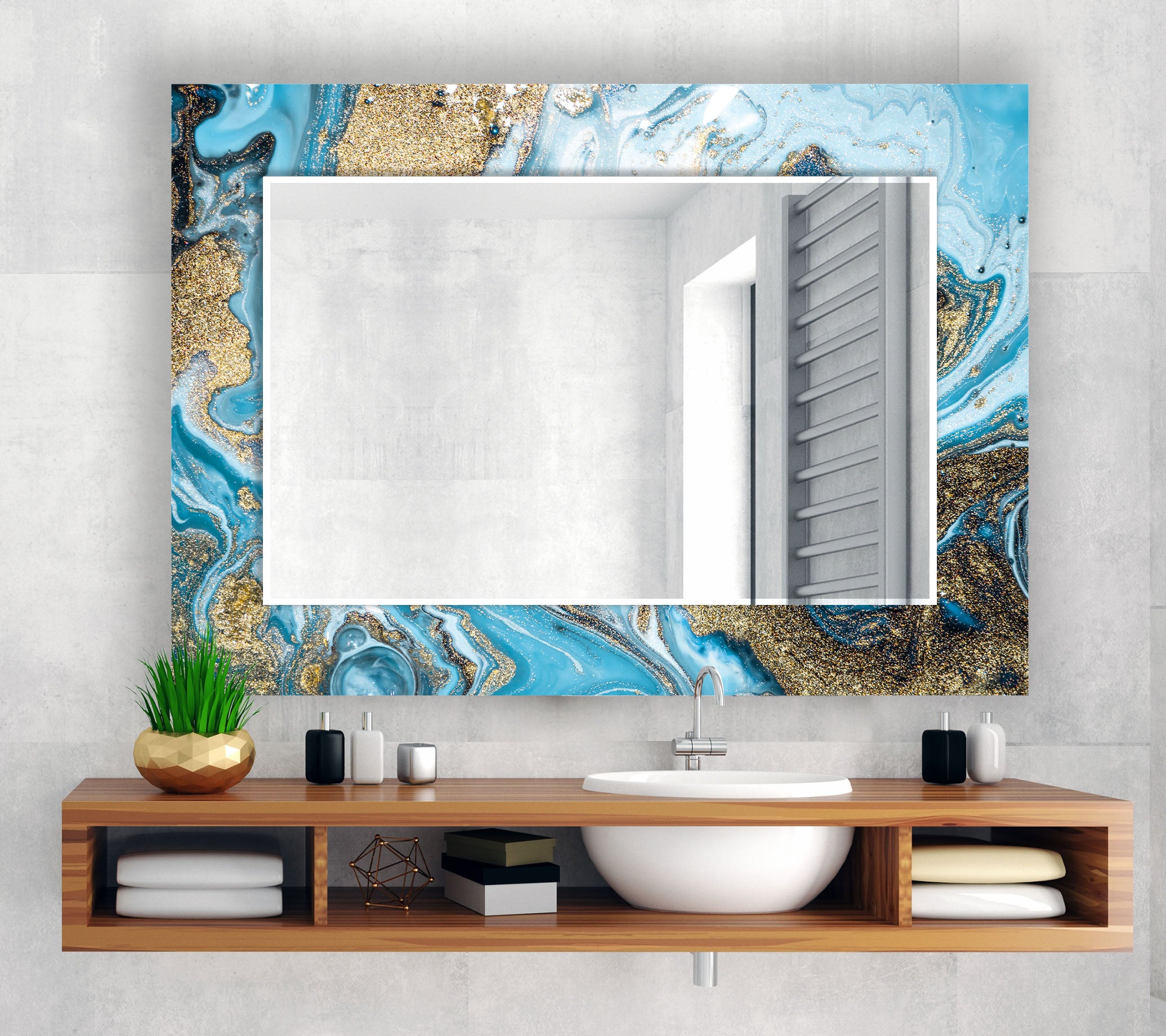 Blue & Gold Marble Glass Wall Mirror - Modern Glam Accent Decor for Living Room, Bedroom & Bathroom | Elegant Home Decoration & Vanity Mirror