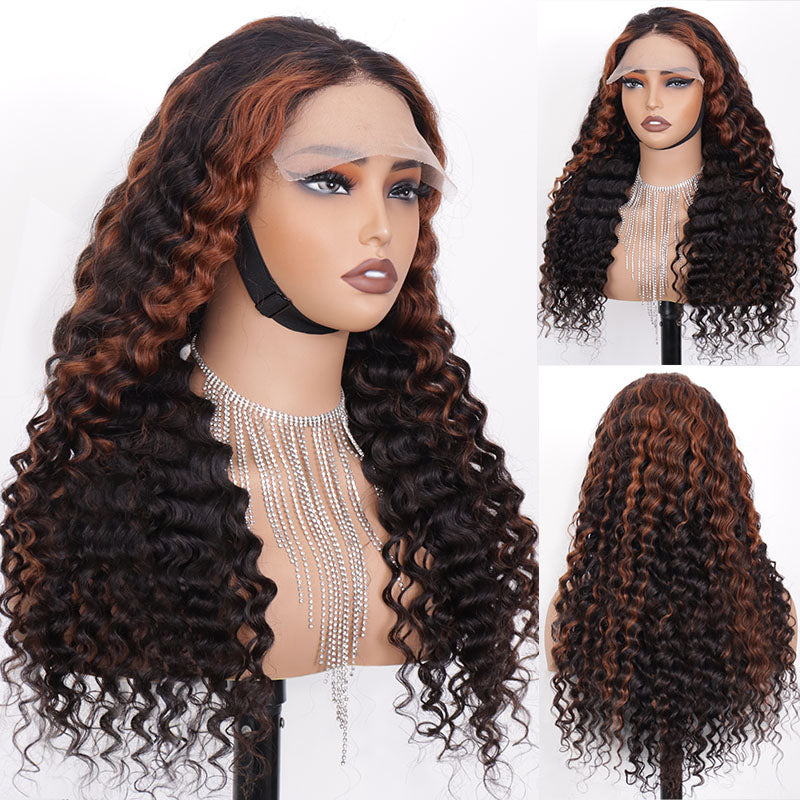 Eullair Honey Blonde Highlights Deep Curly Human Hair Lace Front Wig - Pre Plucked Glueless HD Lace Wigs for Black Women | Natural Look for Daily Wear, Parties & Special Occasions
