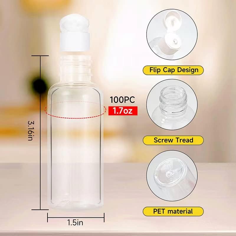100 Pack 1.7oz/50ml Clear Travel Size Plastic Bottles with Flip Top Cap - Refillable Squeezable Containers for Hand Sanitizer, Lotion, Shampoo, Cosmetics - Perfect for Travel, Baby Care, Wedding Favors, Party Supplies & Gift Packaging (200PC)