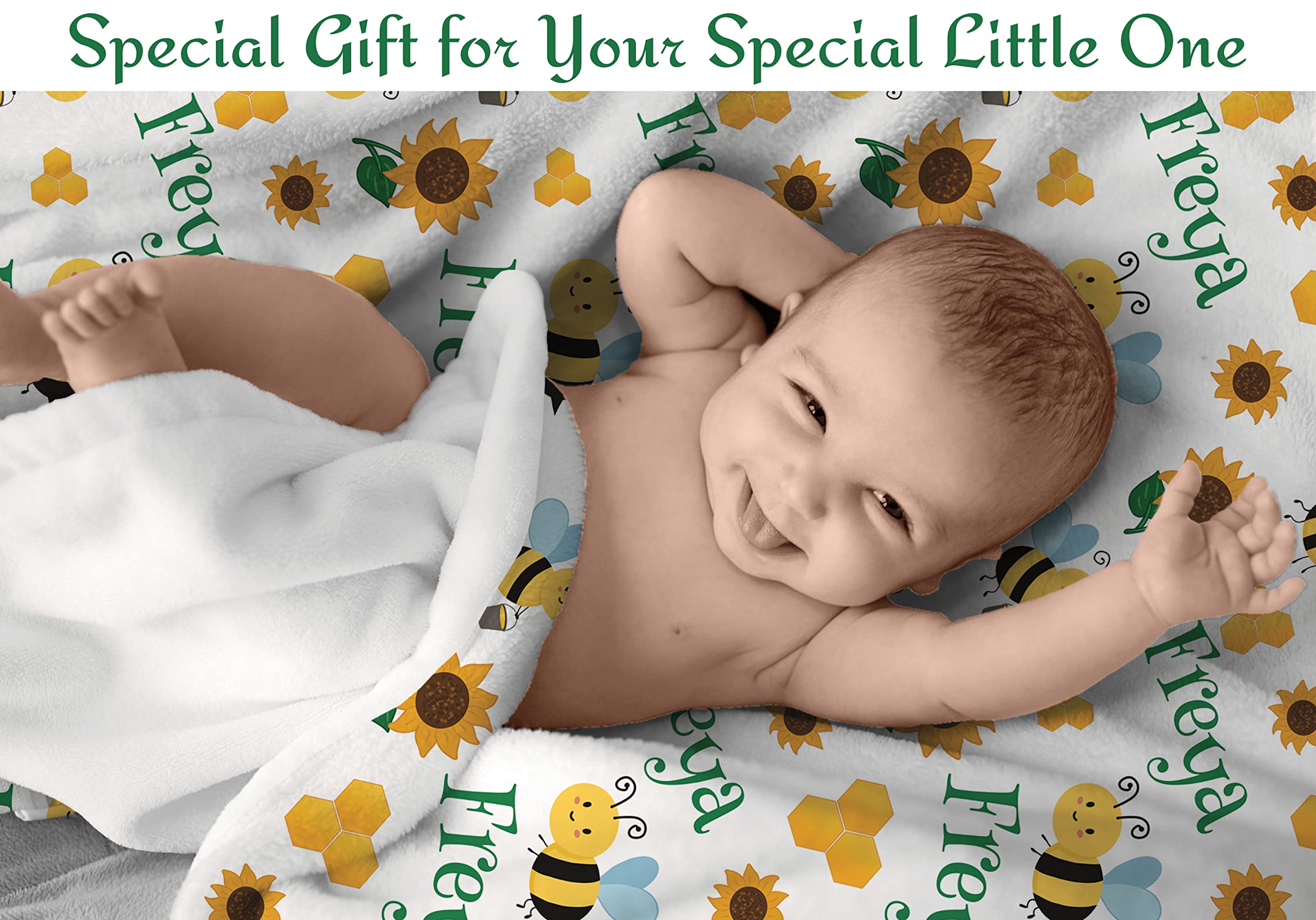 Personalized Baby Blankets for Boys & Girls - Custom Name Blankets with Bees Design - Perfect for Baby Shower, Birthday, Christmas Gifts - Newborn, Infant, Toddler & Kid Gift Idea - Great for Nursery, Travel & Snuggling