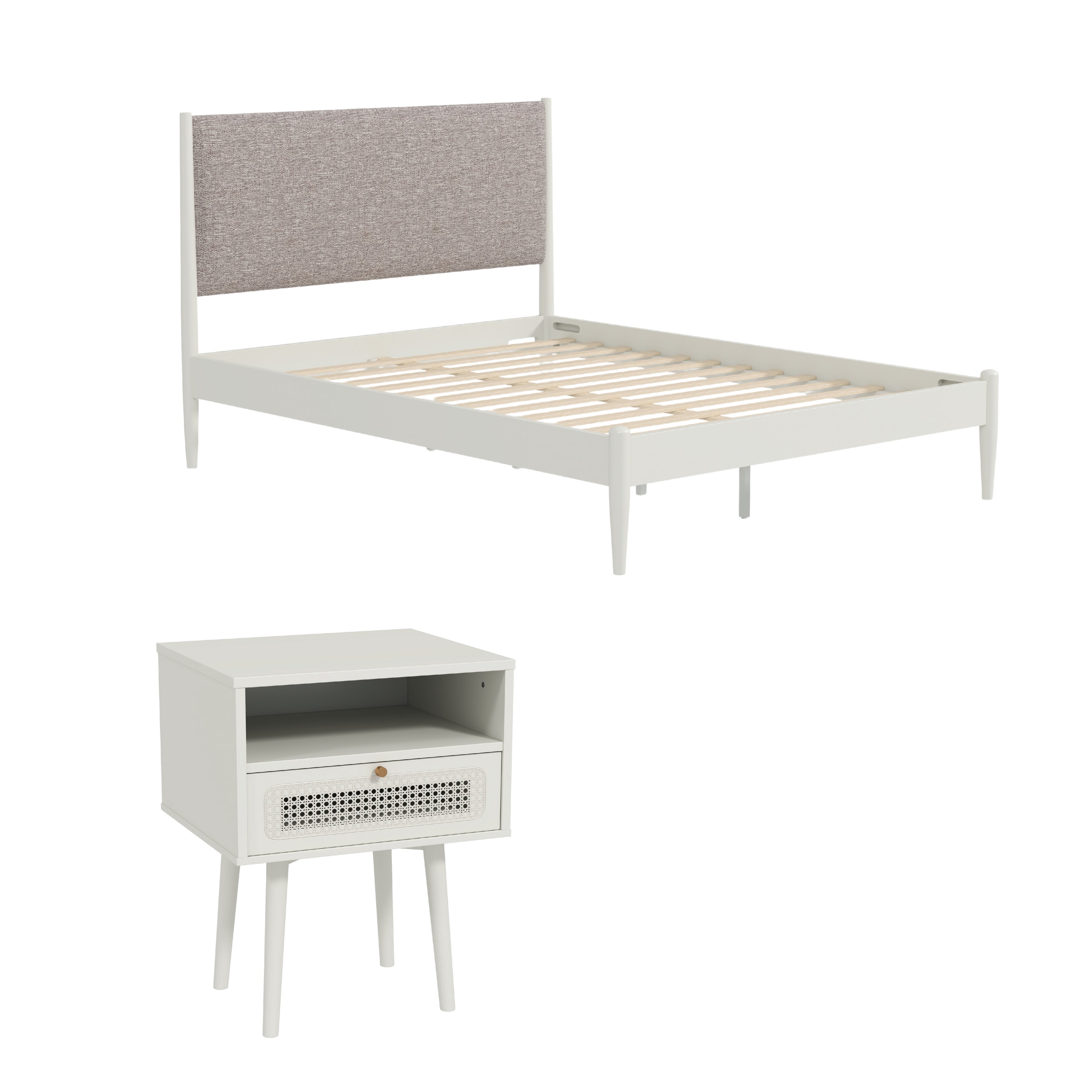 Roundhill Furniture Feeney 2-Piece Queen Bedroom Set - Cream White Platform Bed with Nightstand | Modern Minimalist Bedroom Decor for Small Spaces & Guest Rooms