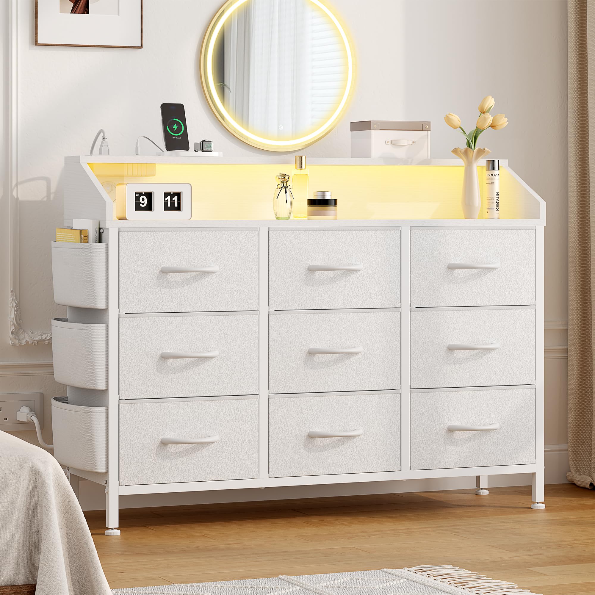 Lulive White Dresser TV Stand with LED Lights & Power Outlets - 2-Tier Shelf Fabric Storage Drawers for Bedroom, Living Room, Entryway & Closet Organization - Perfect for Home Decor & Entertainment Center (White)