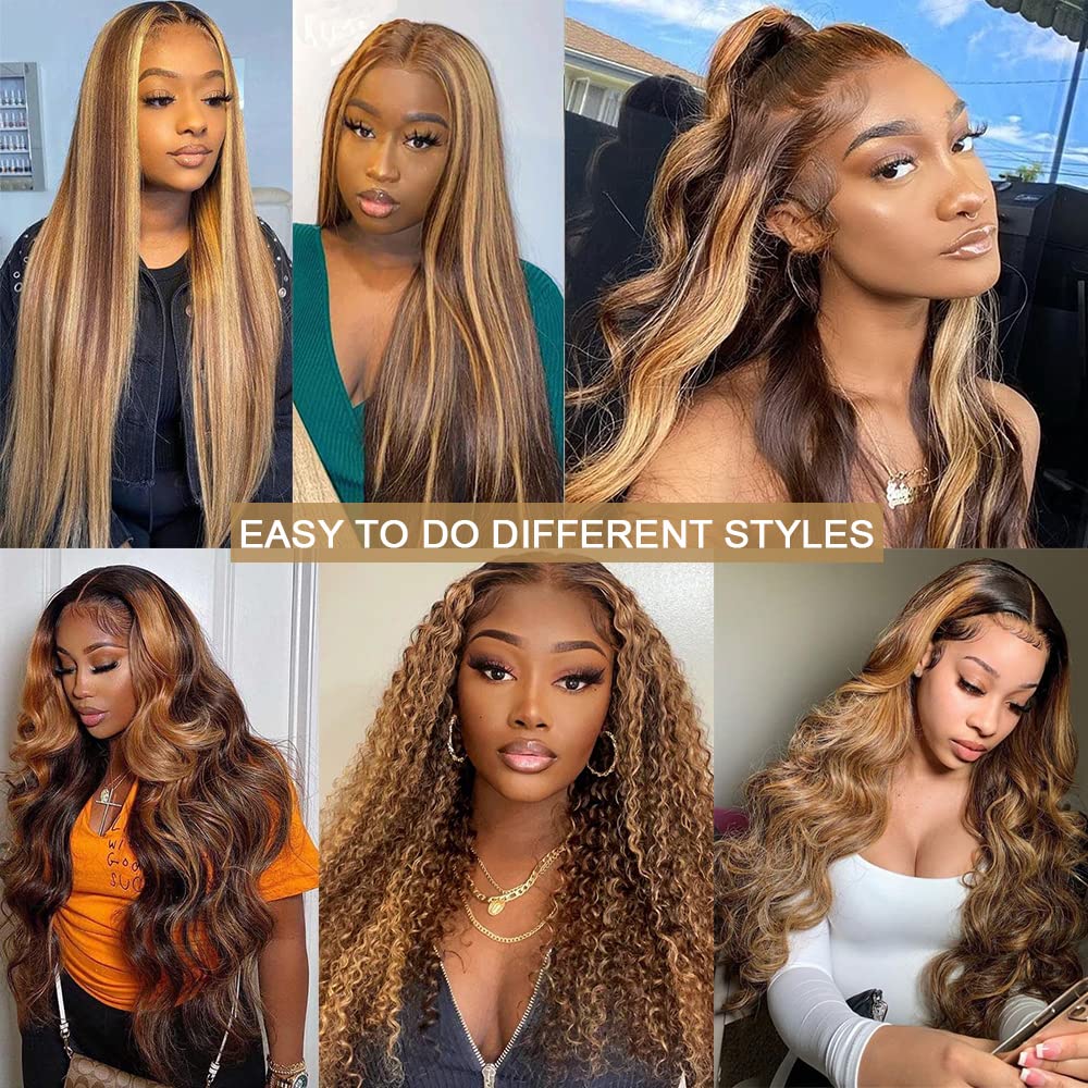 26 Inch HD Lace Front Wigs - Brazilian Virgin Human Hair Pre Plucked Straight Ombre Brown to Honey Blonde - 150% Density Glueless Wig for Daily Wear, Cosplay & Special Occasions