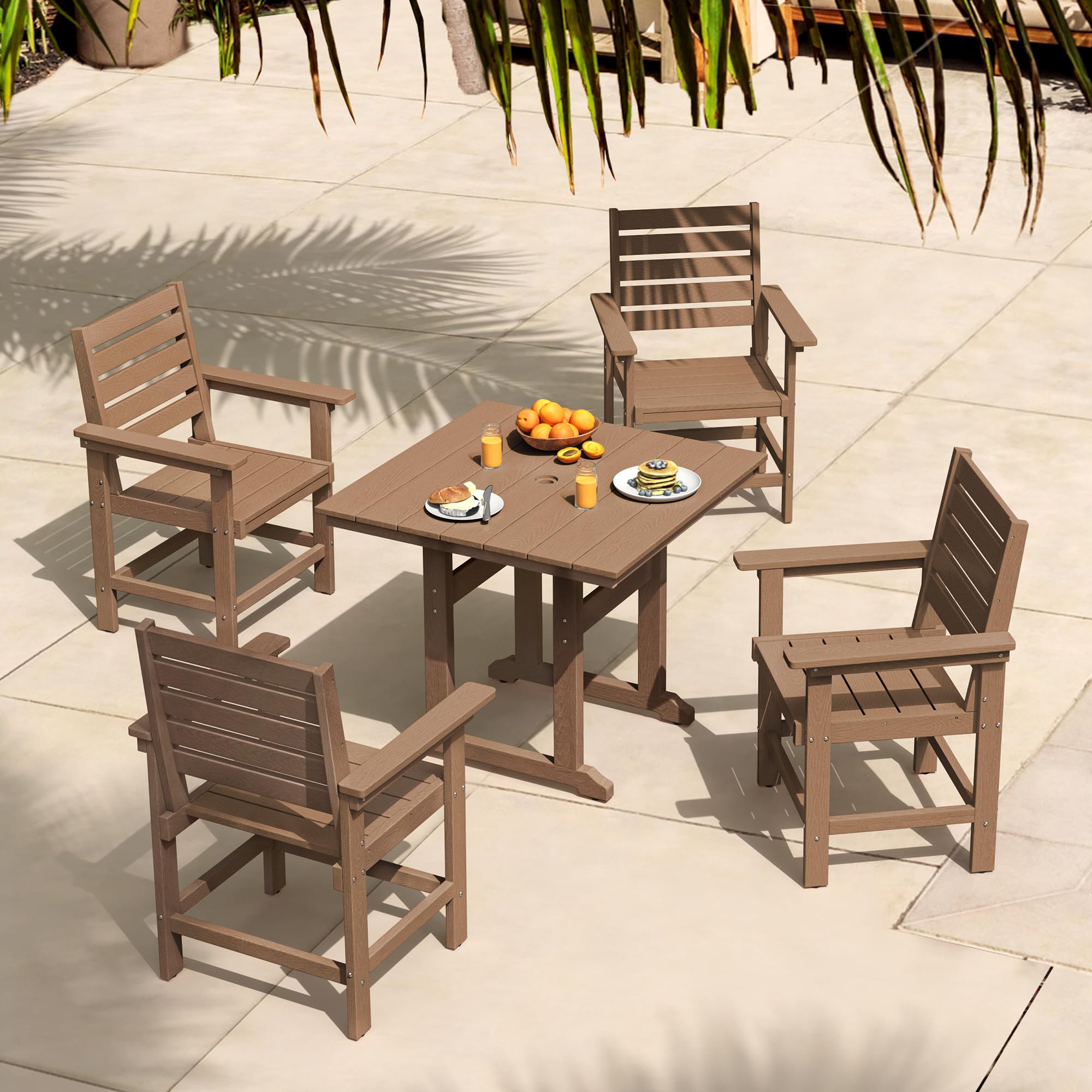 5-Piece Outdoor Patio Dining Set - HDPE Weather-Resistant Square Table with 4 Chairs & Umbrella Hole - Light Brown Balcony Furniture for Garden, Backyard & Poolside Relaxation