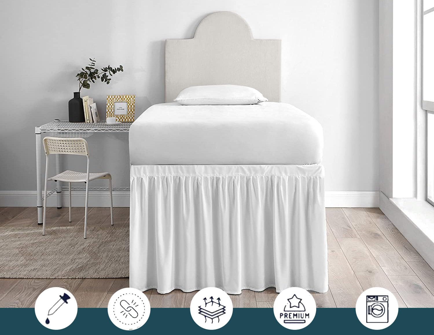Twin XL Extra Long Dorm Room Bed Skirt - 32 Inch Drop 100% Microfiber College Bedding - Perfect for Dorm Rooms, Apartments & Guest Beds (White)