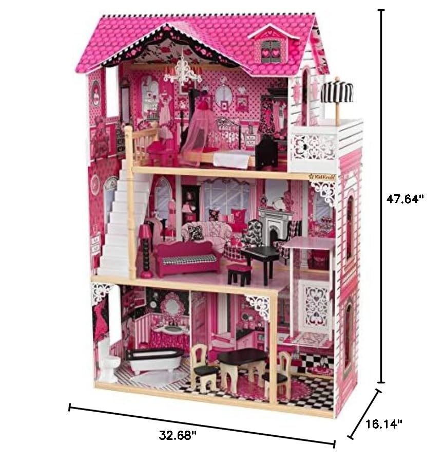 KidKraft Amelia Wooden Dollhouse with Elevator & Balcony - 15-Piece Furniture Accessories Set, Pink Playhouse for Girls Ages 3+ | Perfect for Pretend Play, Birthday Gifts & Nursery Decor