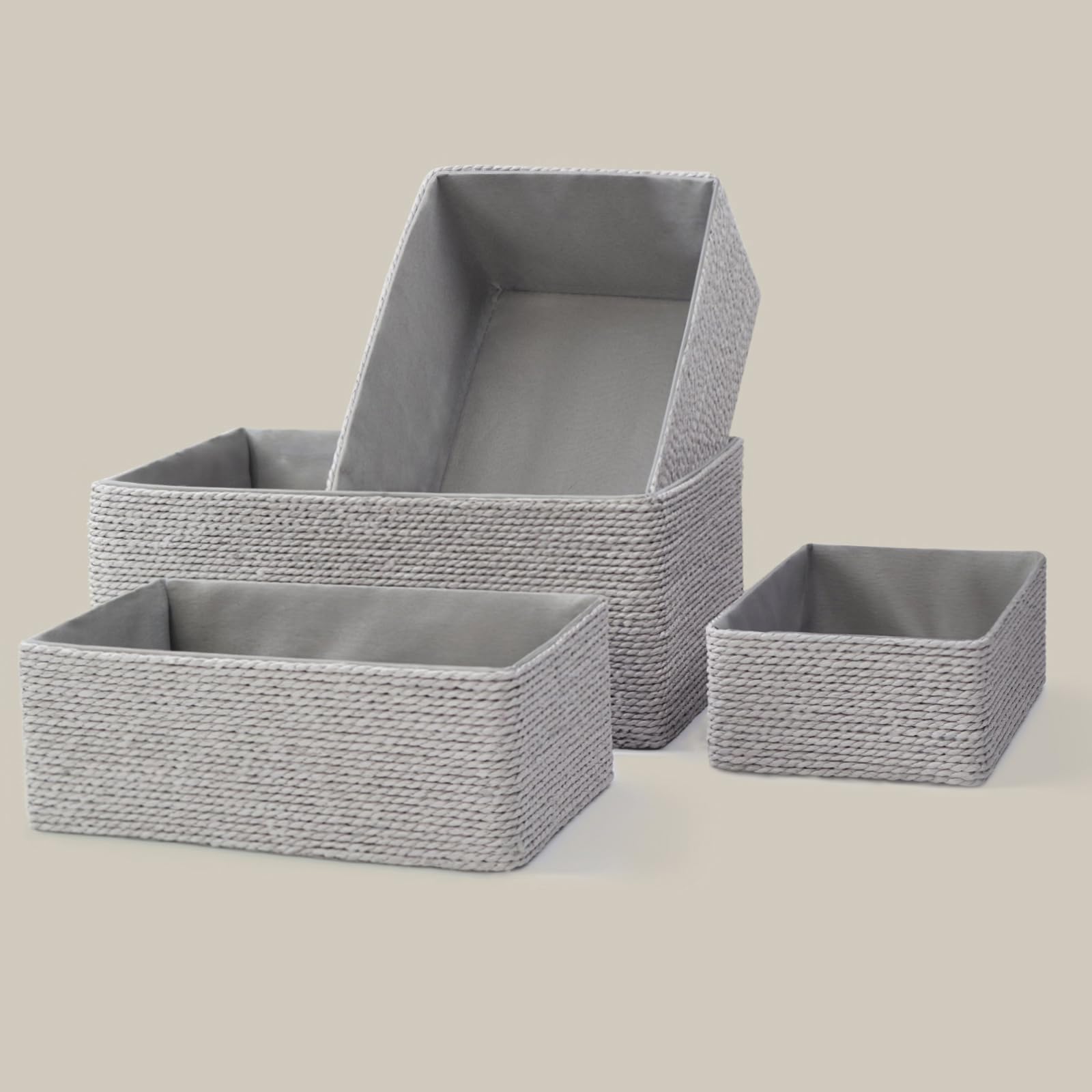 PROLAND 4-Pack Recycled Wicker Storage Baskets - Eco-Friendly Paper Rope Organizing Bins for Shelves, Cupboards & Drawers - Small Woven Storage Containers for Home, Office & Nursery Organization