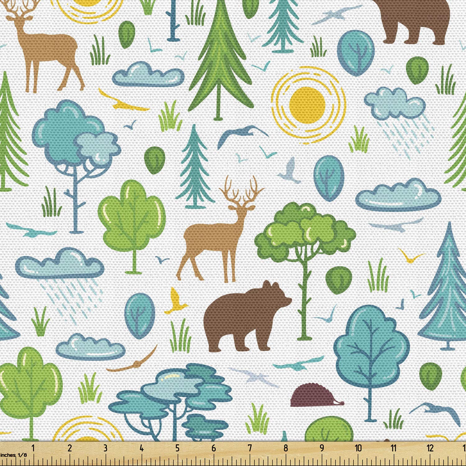 Ambesonne Animals Fabric by The Yard - Nature Themed Silhouette Style Forest Sun and Trees Pattern - Decorative Upholstery Fabric for Sofa, Curtains & Home Decor - 10 Yards Aqua Green - Perfect for DIY Projects, Pillow Covers & Wall Hangings