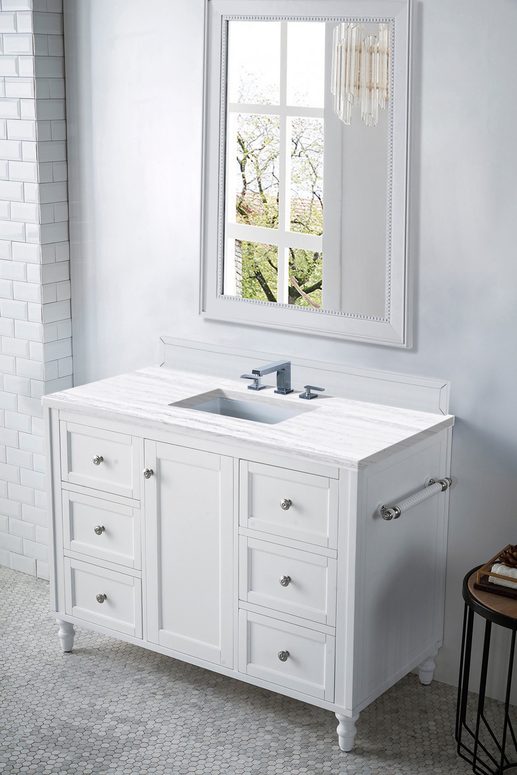 Copper Cove Encore 48 Inch Single Bathroom Vanity with 3CM Arctic Fall Solid Surface Top - Bright White Finish | Perfect for Modern Bathroom Remodeling and Home Renovation Projects