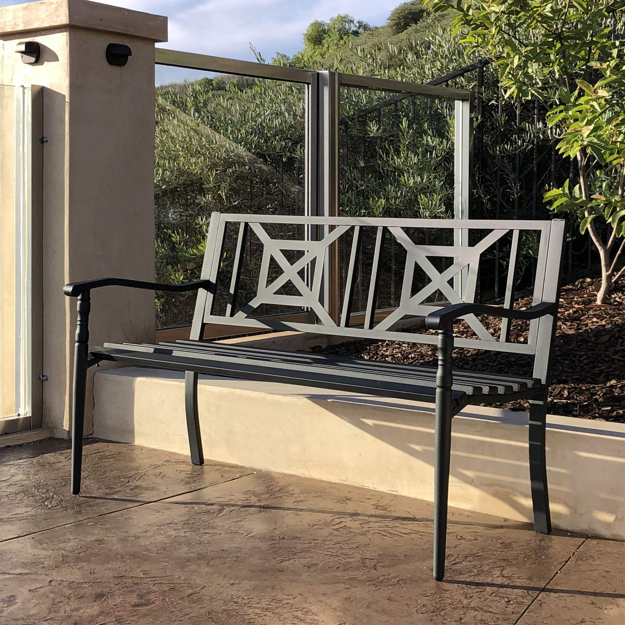 4.1 Ft Steel Frame Garden Bench - Outdoor Patio Chair with Square Design Backrest & Slatted Seat - 2-Person Loveseat for Yard, Park & Garden Seating - Durable Outside Furniture for Relaxing in Backyard, Porch or Deck