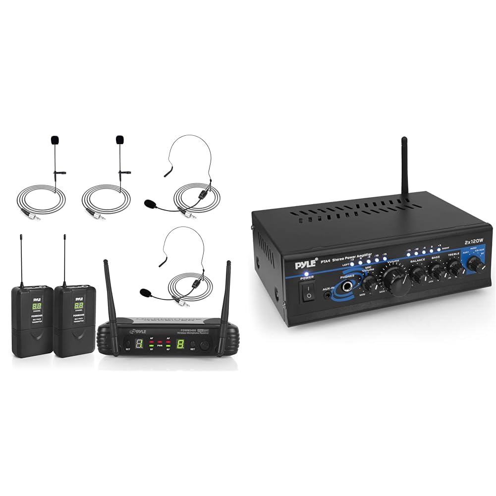 Pyle 2 Channel Wireless Microphone System with Headset & Lavalier Mics - 2X120W Bluetooth Stereo Power Amplifier with Mixing Modes for Karaoke, Home Theater & Live Performances