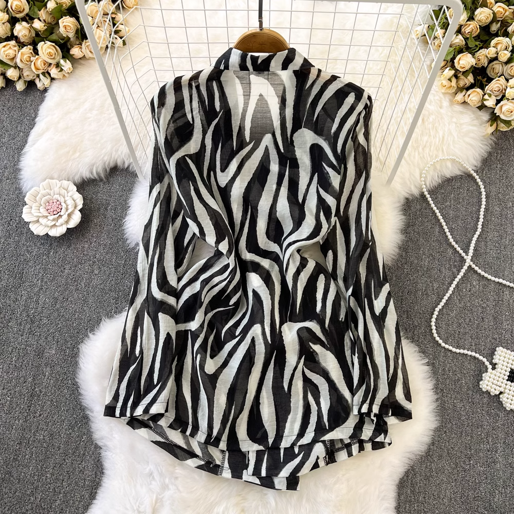 Hong Kong Style Long Sleeve Zebra Print Shirt Dress with Matching Suit Jacket - Women's Office Wear, Party Outfit & Formal Occasion Fashion