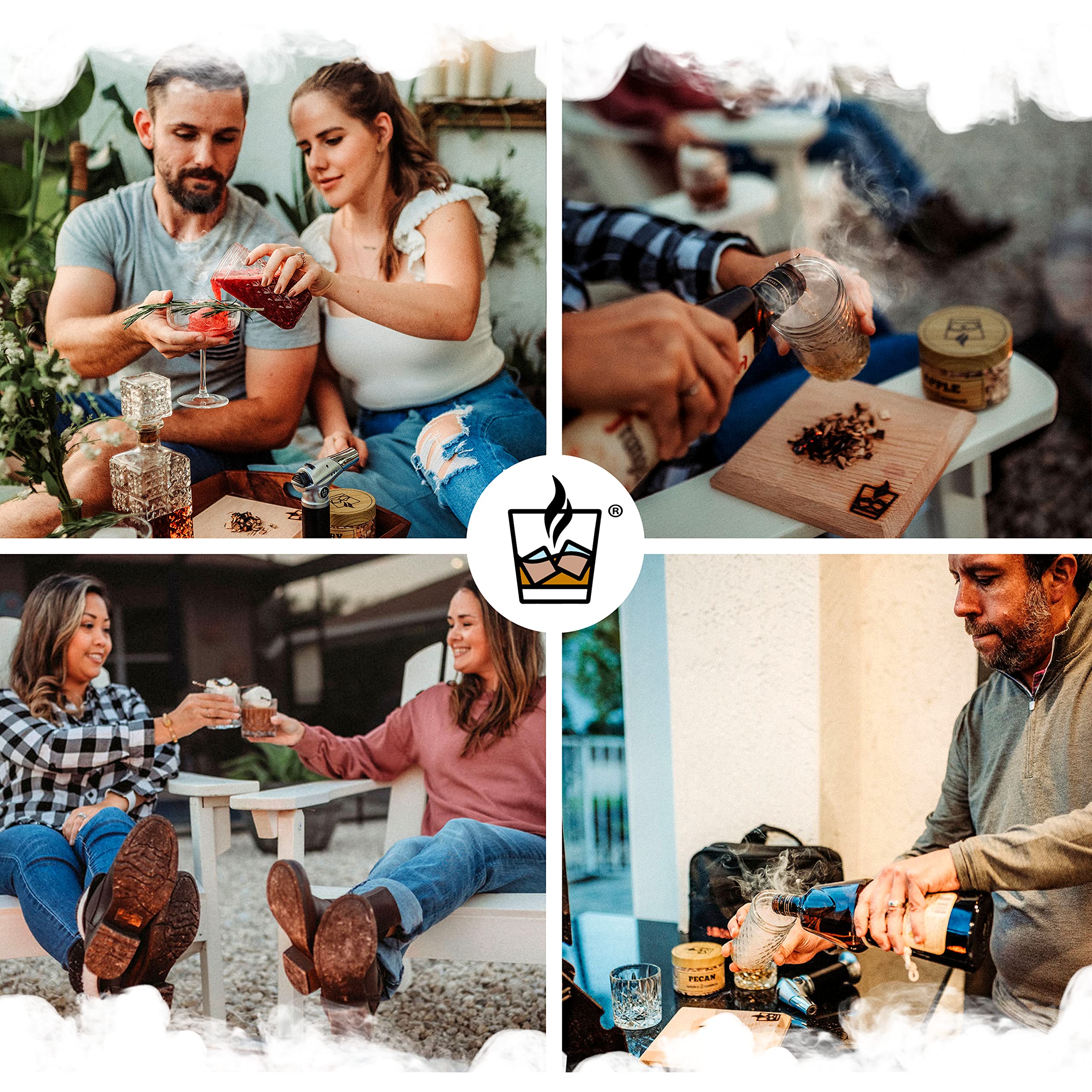 Premium Cocktail Smoker Kit with Torch - 7 Piece Old Fashioned Whiskey & Bourbon Smoking Set with Carrying Case, Handcrafted White Oak Board & 3 Wood Chips - Perfect for Home Bars, Cocktail Parties & Gift Giving