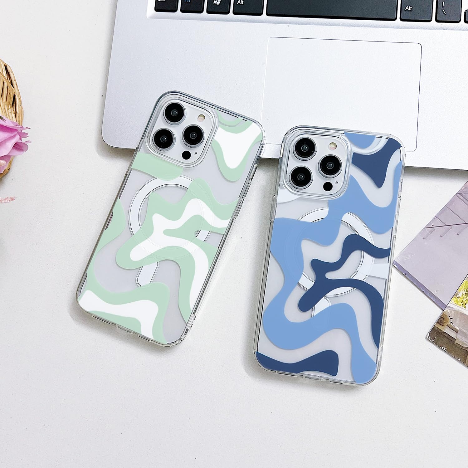 Magnetic iPhone 14 Case & iPhone 13 Case - MagSafe Compatible, Cute Wavy Art Design for Women, Soft TPU Edge with Shockproof PC Back Cover (Blue) - Perfect for Everyday Protection & Wireless Charging