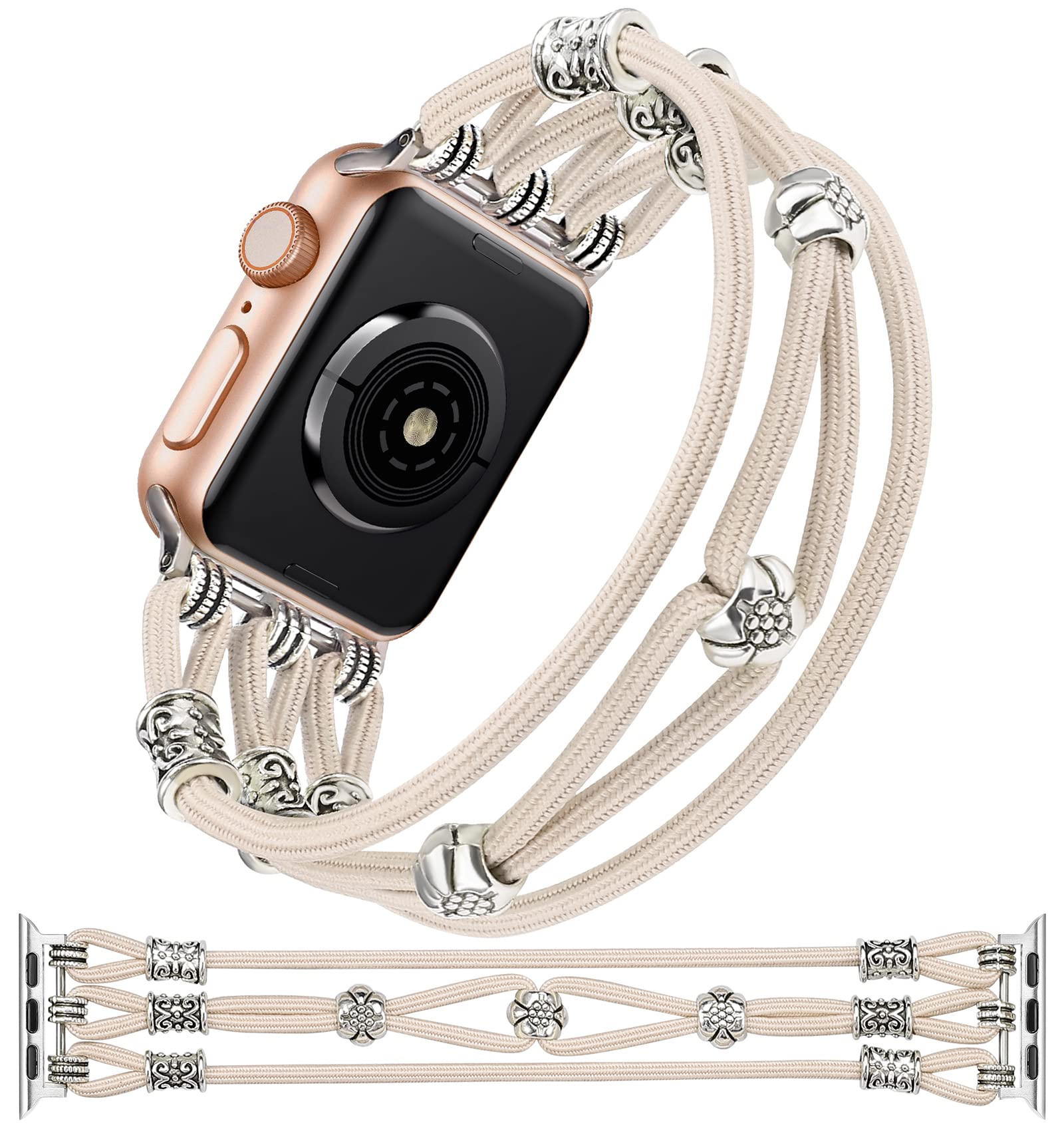 Stylish Beaded Apple Watch Band 42/41/40/38mm - Boho Braided Elastic Stretch Solo Loop Nylon Strap for iWatch Series 10/9/SE/8/7/6/5/4/3/2/1 - Perfect for Women's Fashion, Western Style & Everyday Wear