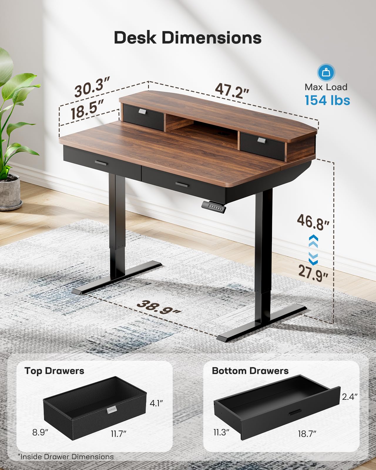 HUANUO 48 x 30 Inch Electric Standing Desk with 4 Drawers - Adjustable Height Sit Stand Home Office Desk with Two Tiers & Monitor Stand - Ergonomic Walnut Computer Workstation for Home & Office Use