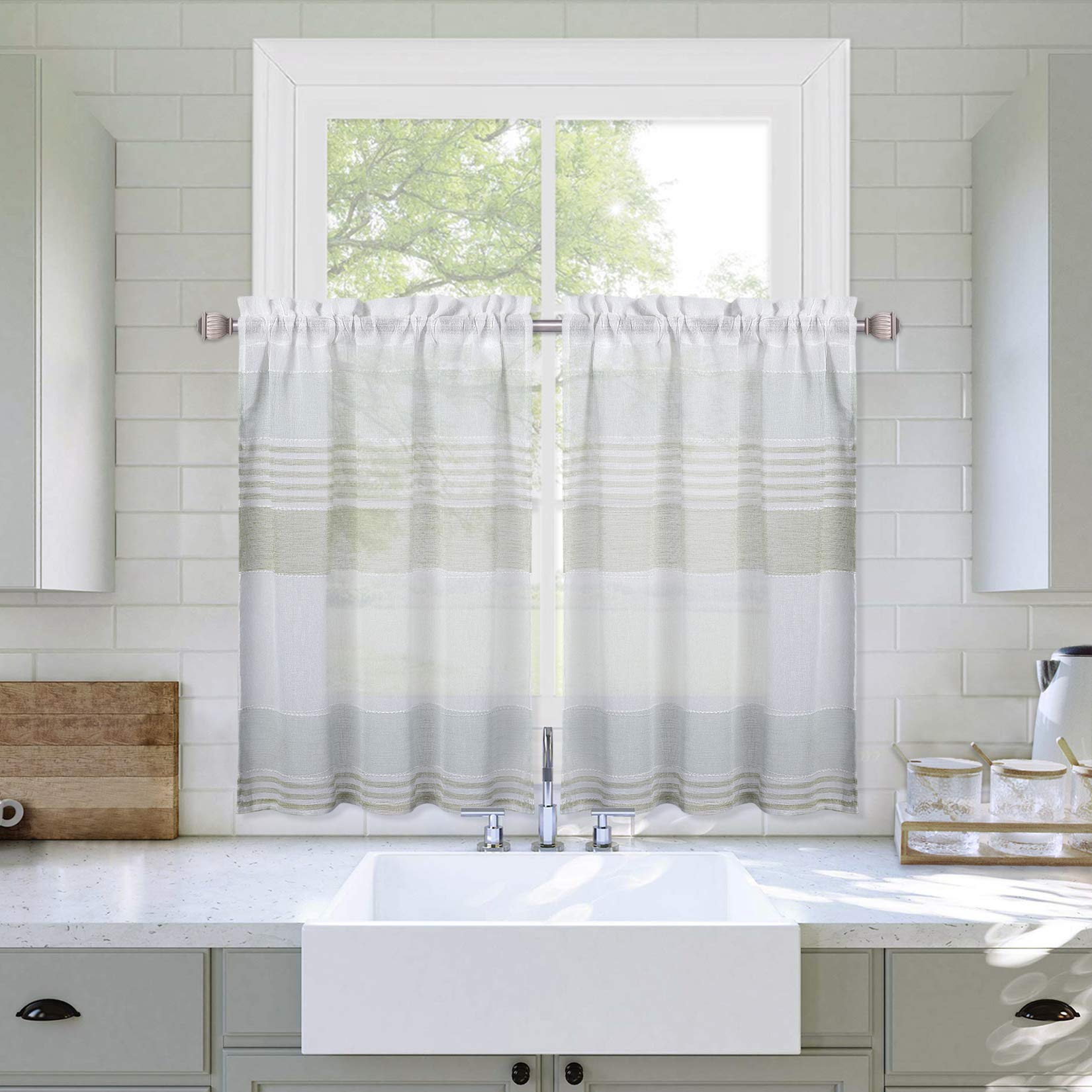Haperlare Sheer Kitchen Window Curtains - Striped Linen Textured Farmhouse Cafe Curtains Set of 2 (27x24 Inches, Sage Green) for Bathroom, Living Room & Bedroom Windows