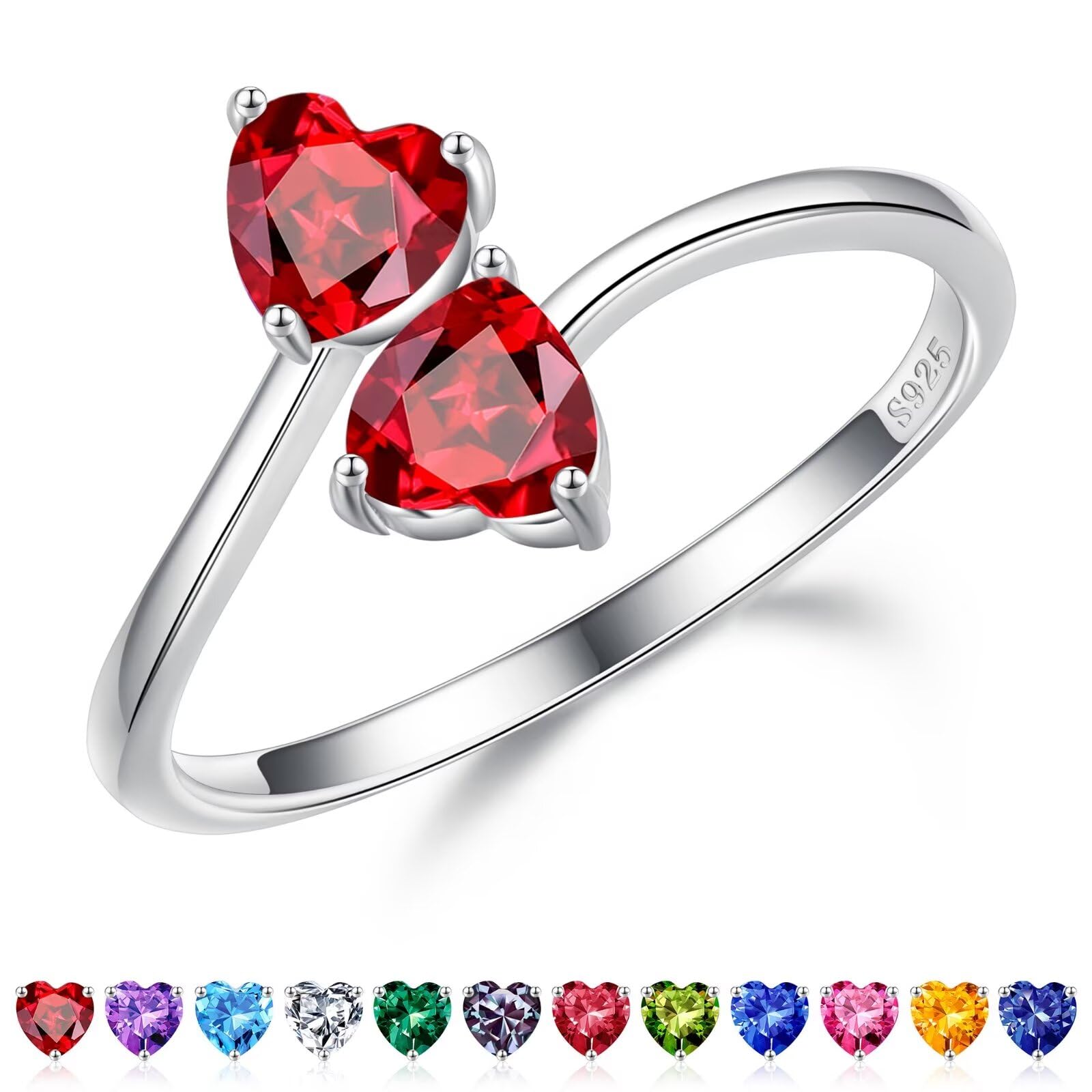 Adjustable Birthstone Rings for Women - 925 Sterling Silver Double Birthstone Rings | Anniversary & Birthday Gifts for Wife, Mom, Girlfriend | Personalized Jewelry for Everyday Wear & Special Occasions