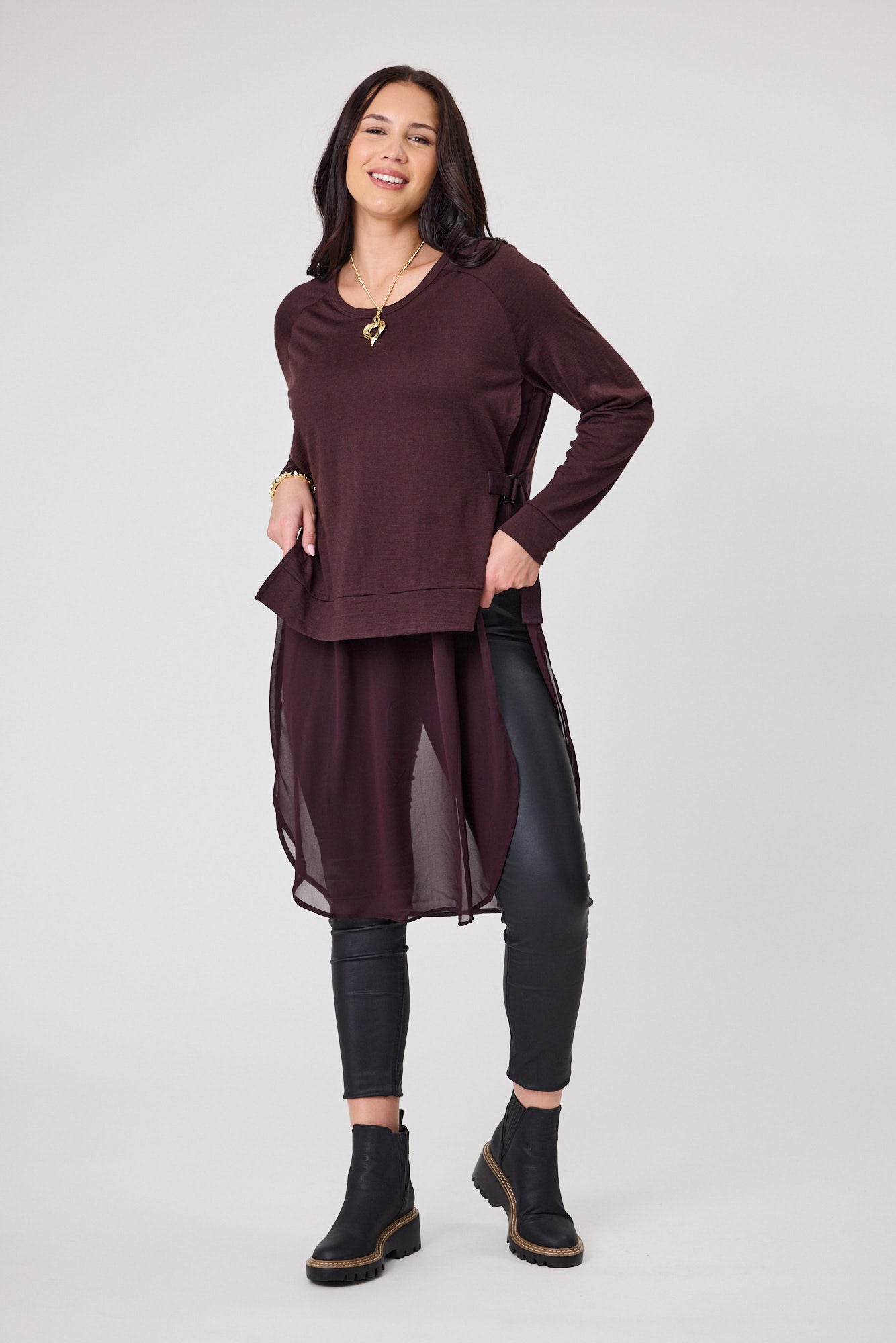 Alpine by Shine On Paris Women's Merino Wool & Chiffon Blend Tunic Top in Chocolate Brown - Perfect for Casual Outings & Office Wear