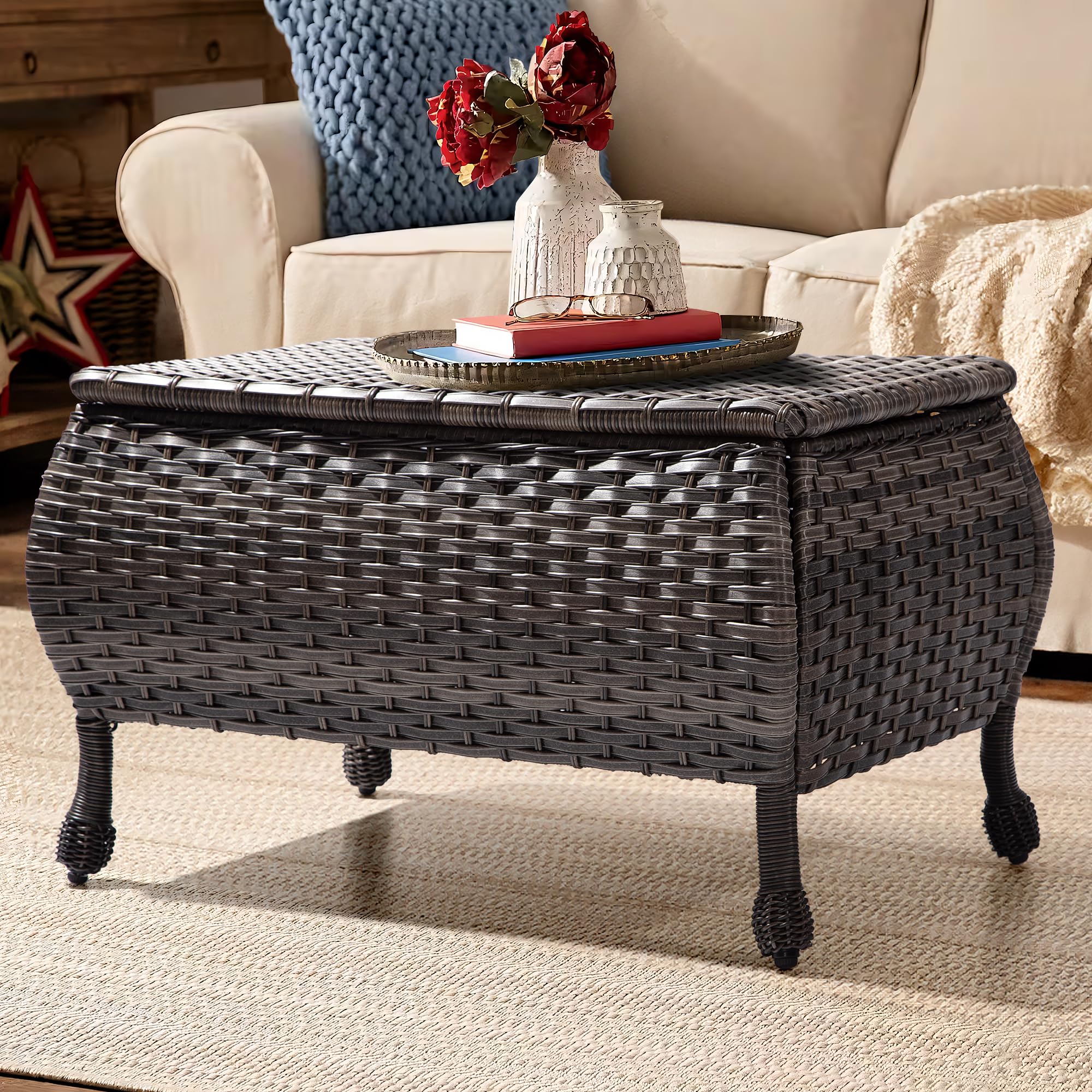 Joyside Outdoor Wicker Coffee Table - Brown PE Rattan Patio Table with Storage for Garden, Deck, Porch | Perfect for Poolside Lounging & Backyard Entertaining