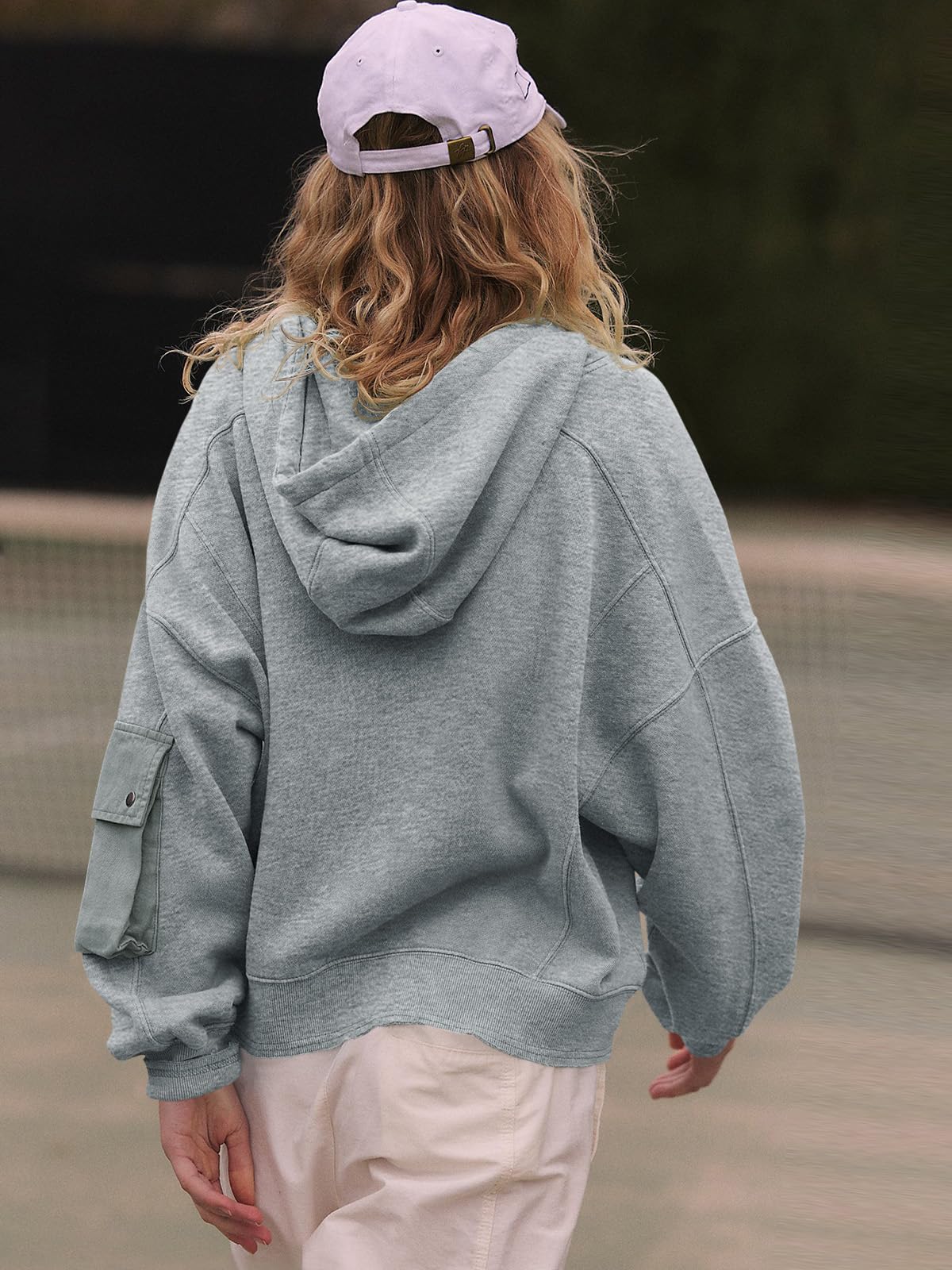 Fisoew Women's Cropped Hoodie Half Zip Pullover - Long Sleeve Pocketed Loose Fit Hooded Sweatshirt for Fall | Casual Outfit, Streetwear, Lounge Wear