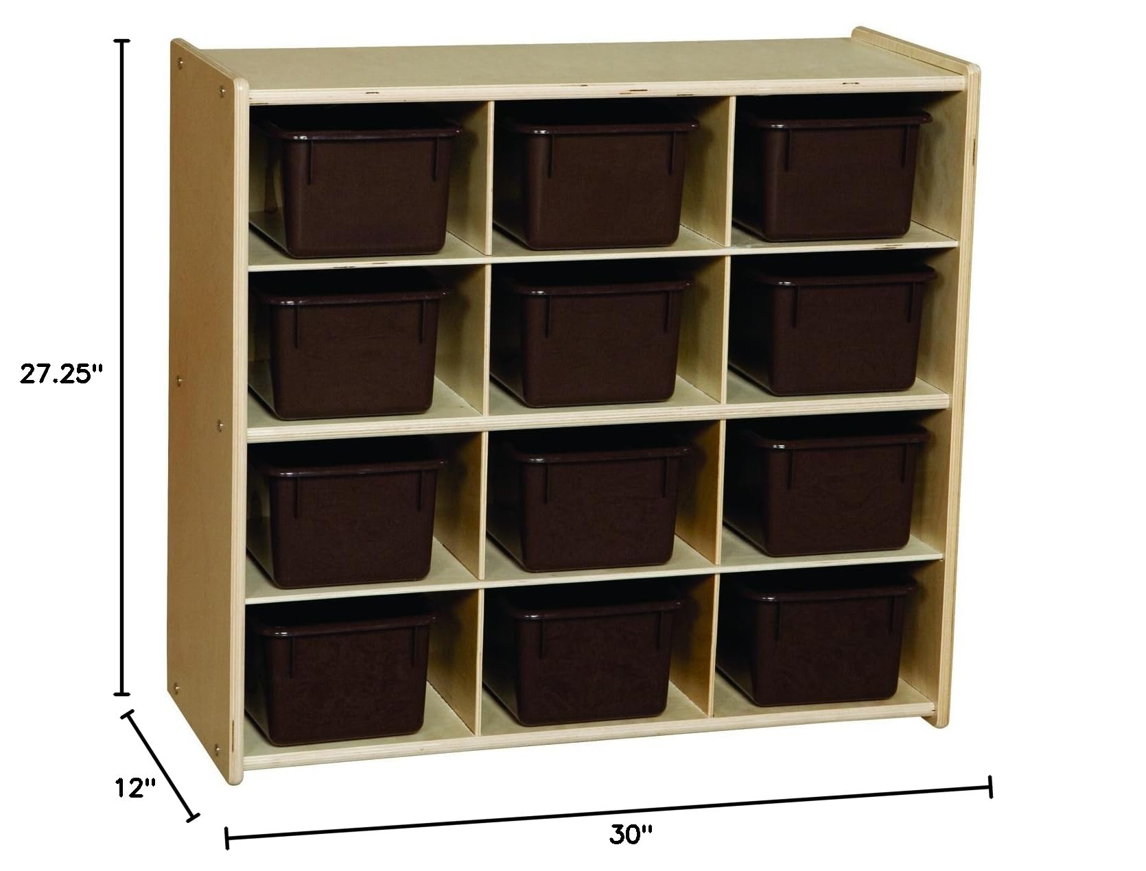 Contender 12-Section Kids Storage Unit with Brown Bins | Montessori Hardwood Toy Organizer for Toys, Art & Craft Supplies | Fully Assembled Cubby Shelf | Perfect for Playrooms, Classrooms & Daycare Centers
