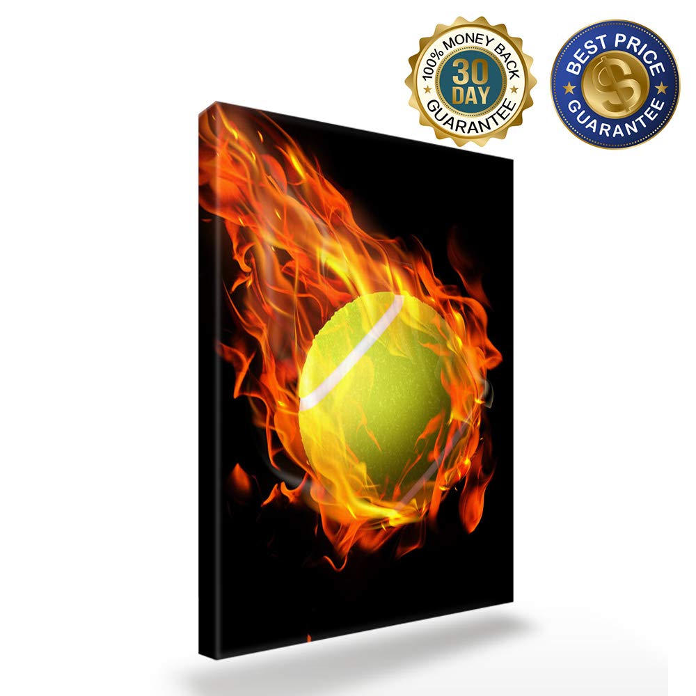 Premium Sports Wall Art Canvas Print - 24x36 Inch Tennis Ball with Fire Flame Design - Ready to Hang Framed Decor for Living Room, Bedroom & Office - Perfect for Home Gym, Man Cave & Sports Fan Gifts