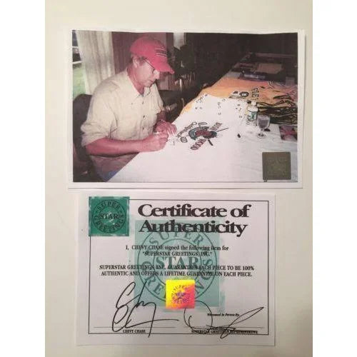 Chevy Chase Autographed Caddyshack Memorabilia - Signed Flag, Frame & Collage with COA & Bushwood Country Club Pin - Perfect for Movie Fans & Collectors
