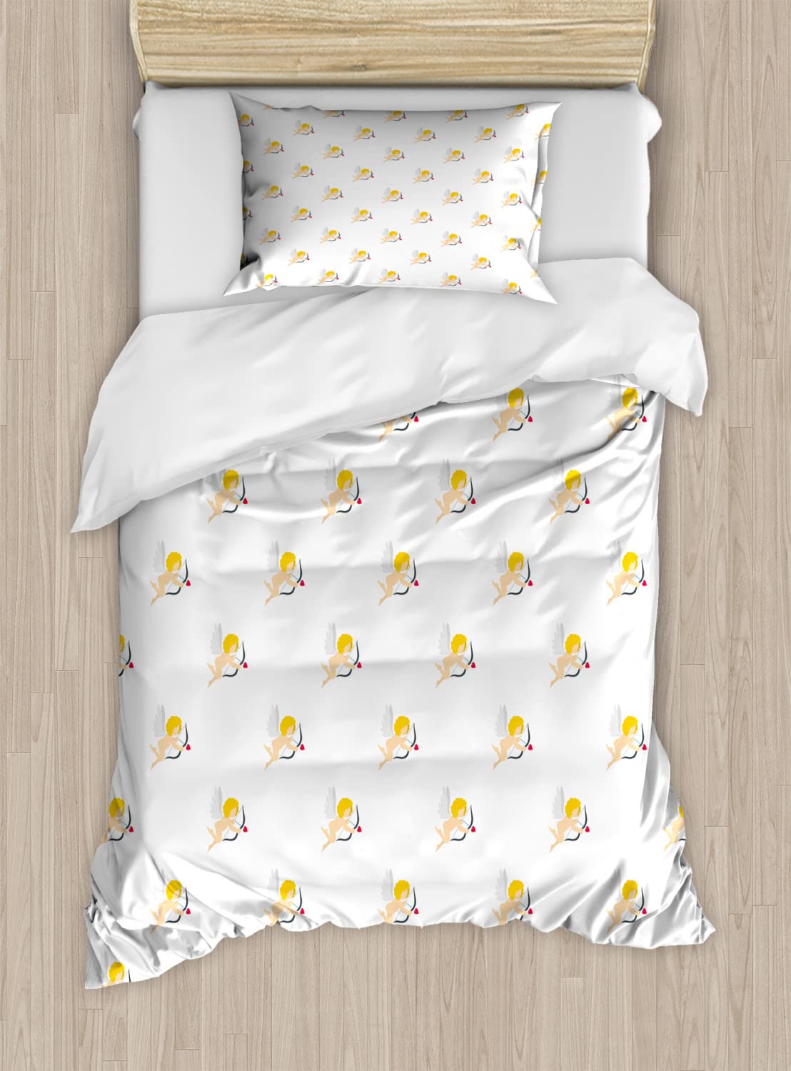 Ambesonne Angel Duvet Cover Set - King Size 2-Pack with Cupid Love Arrow Design, Mythical Romance Angels Pattern (Earth Yellow, White, Peach) | Includes 2 Duvet Covers & 4 Pillowcases | Perfect for Valentine's Day, Romantic Bedroom Decor, Wedding Gift