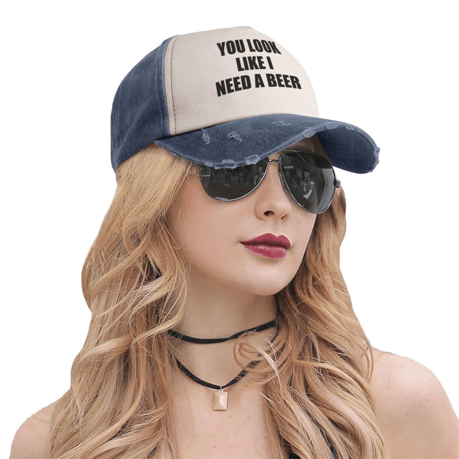 YvoneDBrownn Navy Blue Washed Denim Baseball Cap - Adjustable Dad Hat for Men & Women - Fun 'You Look Like I Need A Beer' Design - Perfect for Outdoor Activities, Sports Events & Casual Wear