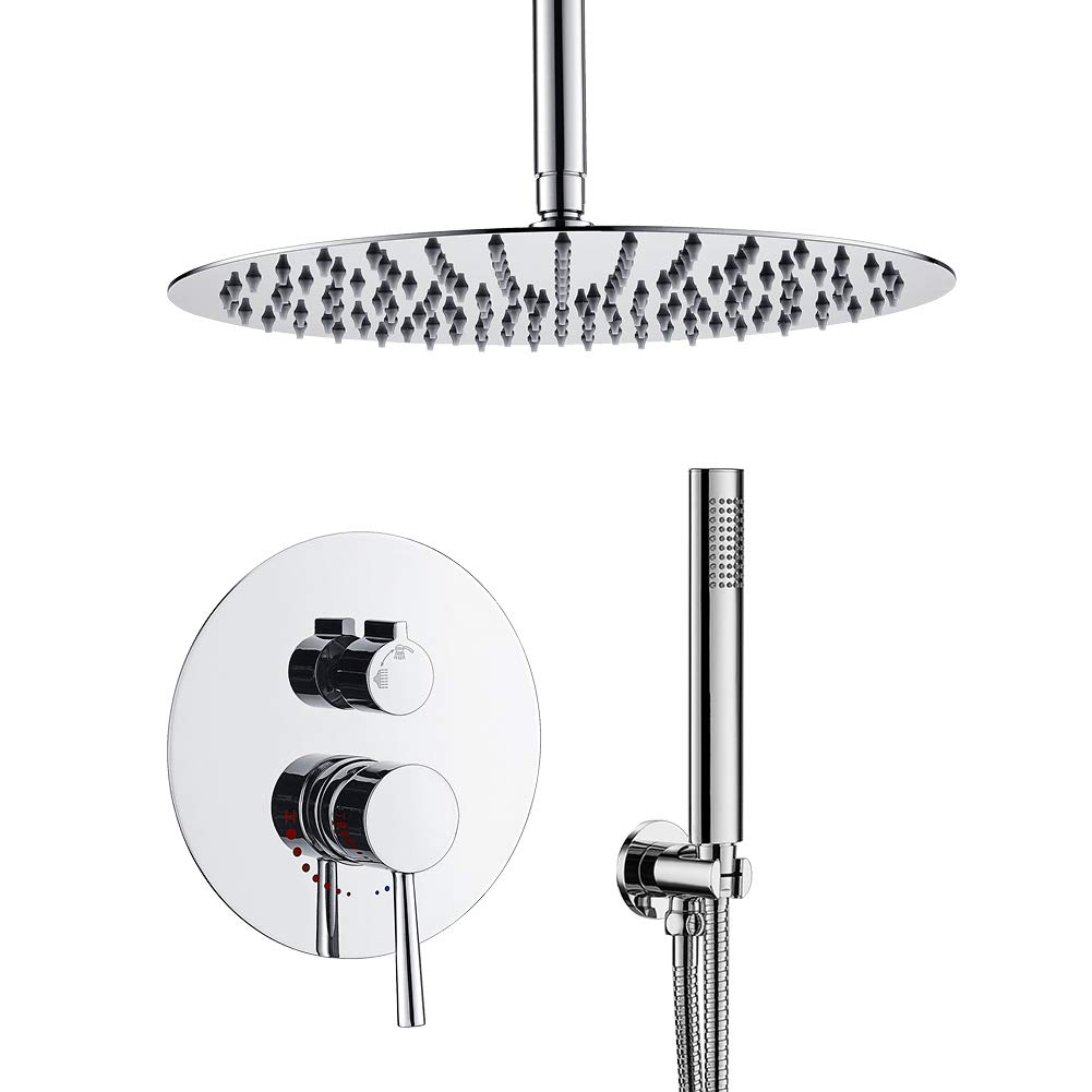 Premium Chrome Ceiling Shower System - 12 Inch Rainfall Shower Head with Handheld Sprayer - All Metal Brass Faucet Set for Luxurious Bathroom Upgrade - Perfect for Spa-Like Experience in Master Bath & Guest Suites