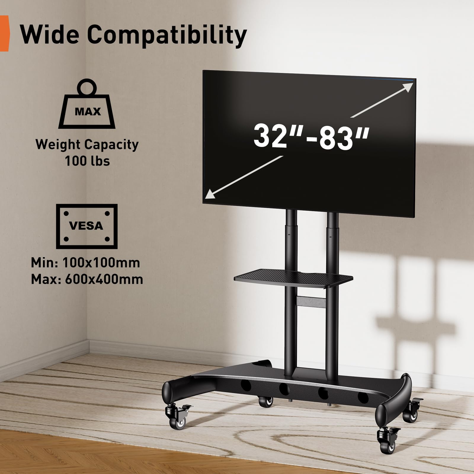 Perlegear Mobile TV Cart for 32-83 Inch Flat/Curved LED/LCD/OLED TVs - Adjustable Height Rolling TV Stand with Wheels, Max VESA 600x400mm & 100lbs Capacity - Perfect for Living Room, Bedroom, or Outdoor Entertainment Spaces