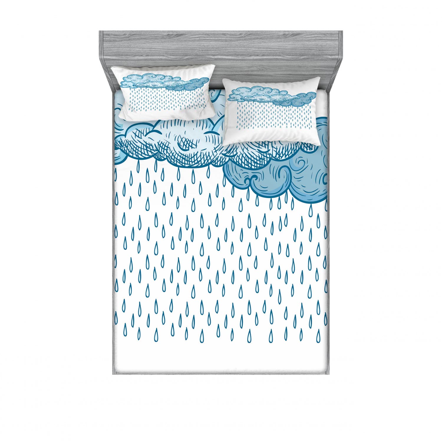 Ambesonne 2-Piece Queen Size Fitted Sheet Set with 4 Pillow Shams - Blue Rain Cloud Sketch Design | Soft Bedding Collection for Fall & Winter | Perfect for Guest Rooms, Vacation Homes & Cozy Bedroom Decor