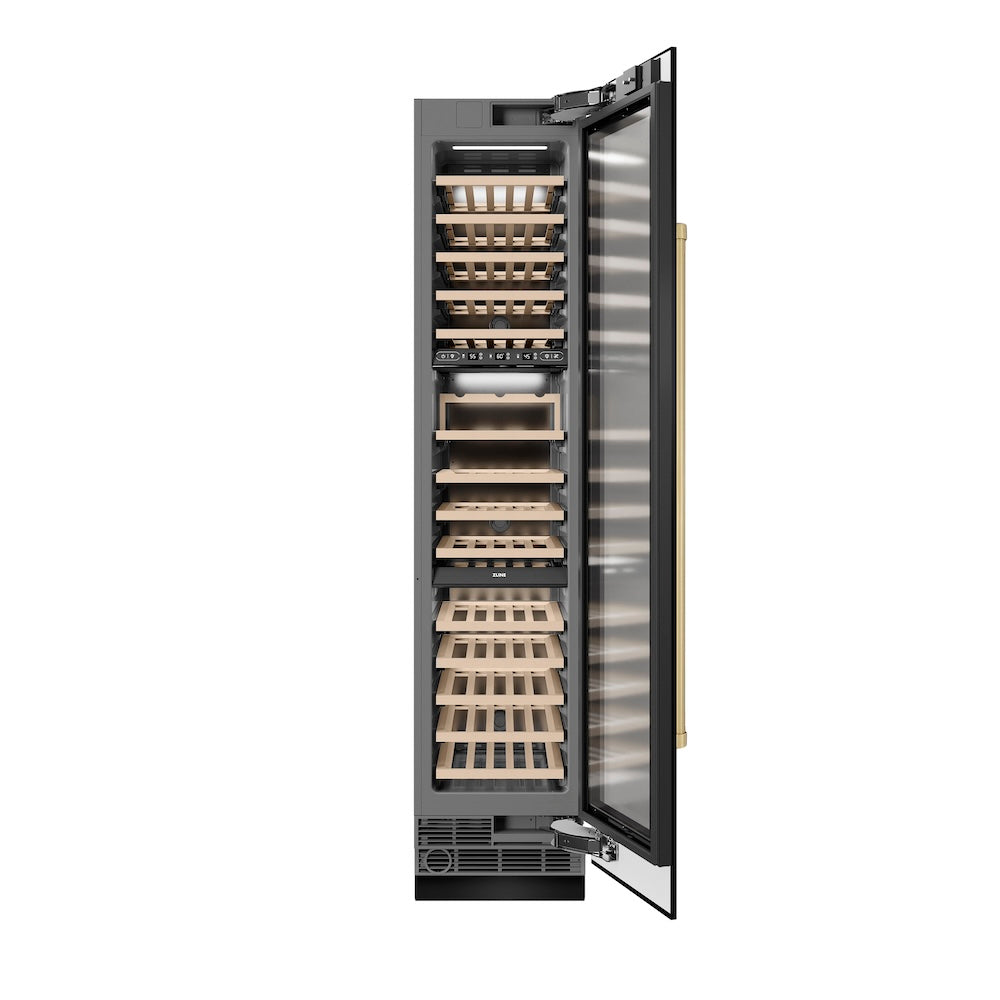 ZLINE Autograph Edition 18-Inch 9.0 cu. ft. Triple Zone 68-Bottle Right Hinge Column Wine Cooler - Black Stainless Steel with Champagne Bronze Accents (RCWVRZ BS 18 CB) | Perfect for Wine Cellars, Restaurants & Home Bars