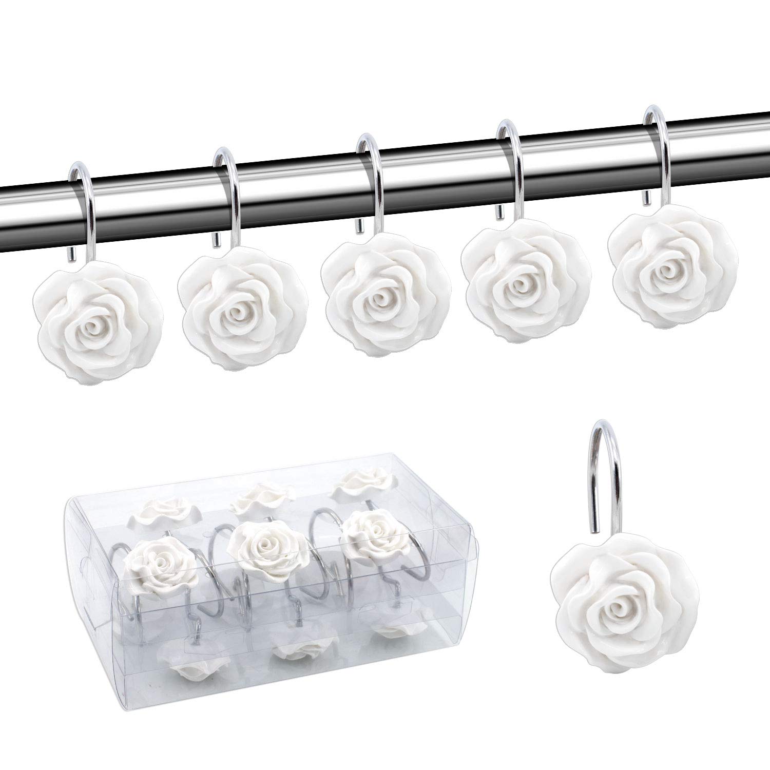 BEAVO 12 Pack Rustproof Resin Rose Flower Shower Curtain Hooks - Decorative Bathroom Accessories for Shower Rods & Curtains, White - Perfect for Home, Hotel, and Spa Decor