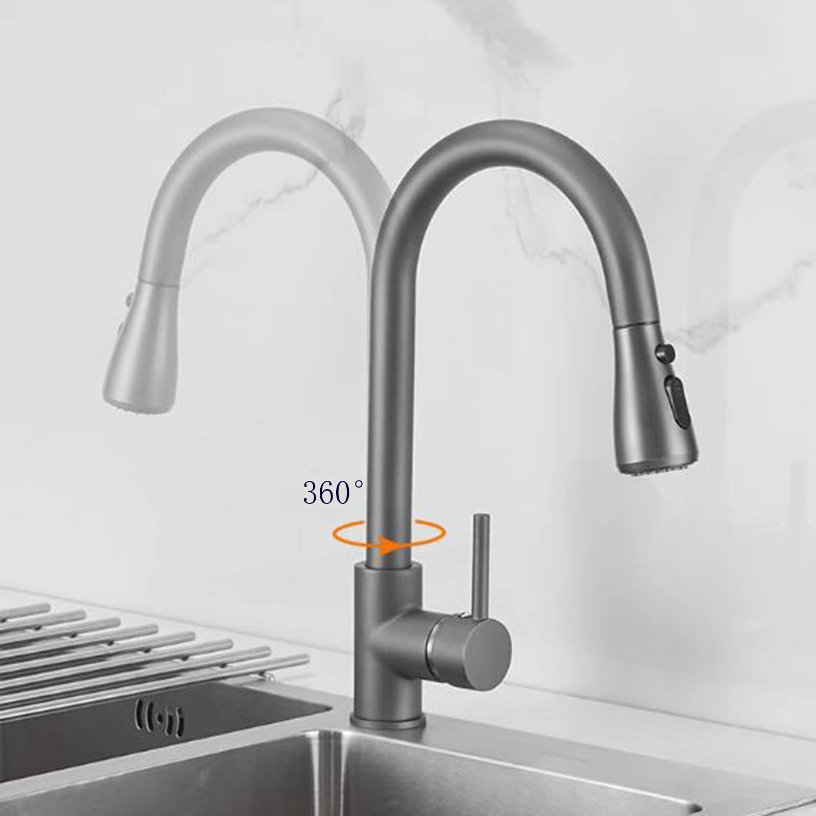 High-Quality Grey Brass Kitchen Sink Faucet with Pull-Out Spray - 360° Swivel for Hot & Cold Water - Perfect for Modern Kitchens and Easy Dishwashing