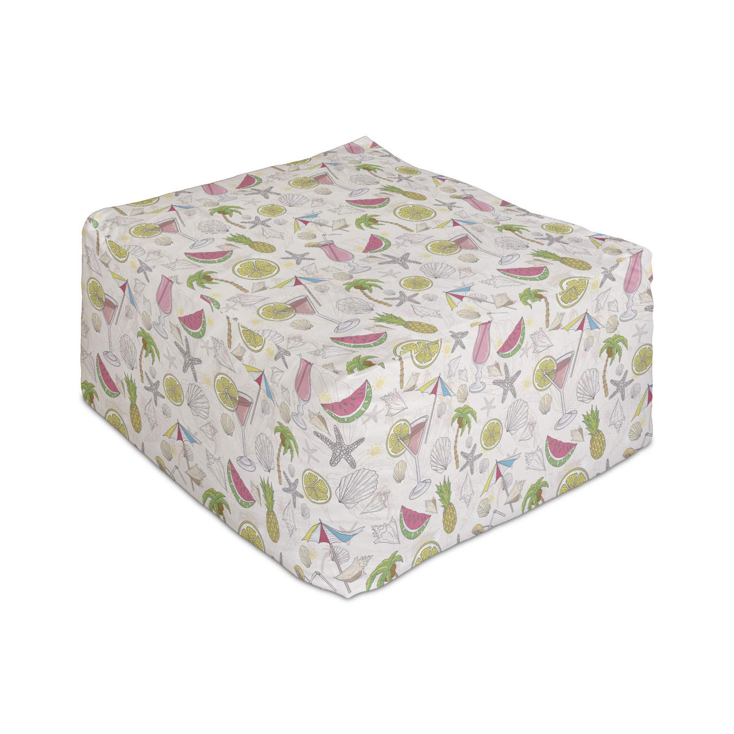 Ambesonne Summer Rectangle Pouf Ottoman - Pastel Watermelon Palm Lemon Pattern Foot Stool with Removable Cover, 25