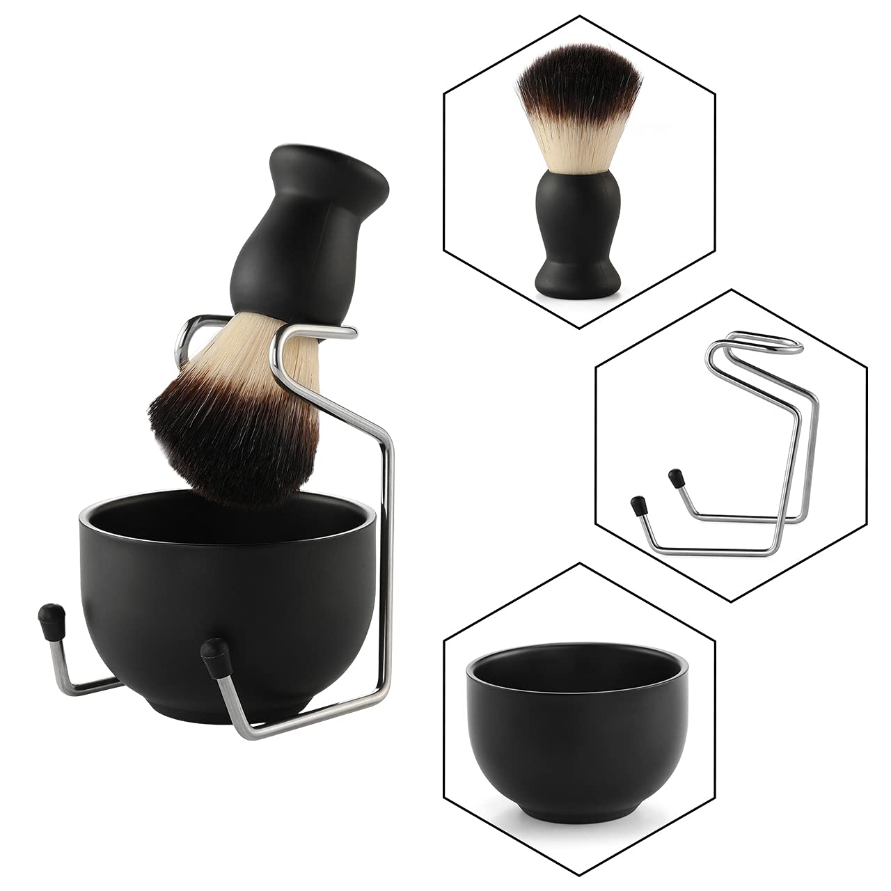 Premium 3-in-1 Men's Shaving Kit - Badger Hair Brush, Stainless Steel Soap Bowl & Stand - Luxury Wet Shaving Set for Beard Care & Grooming - Perfect Gift for Father's Day, Birthday & Travel (Black)